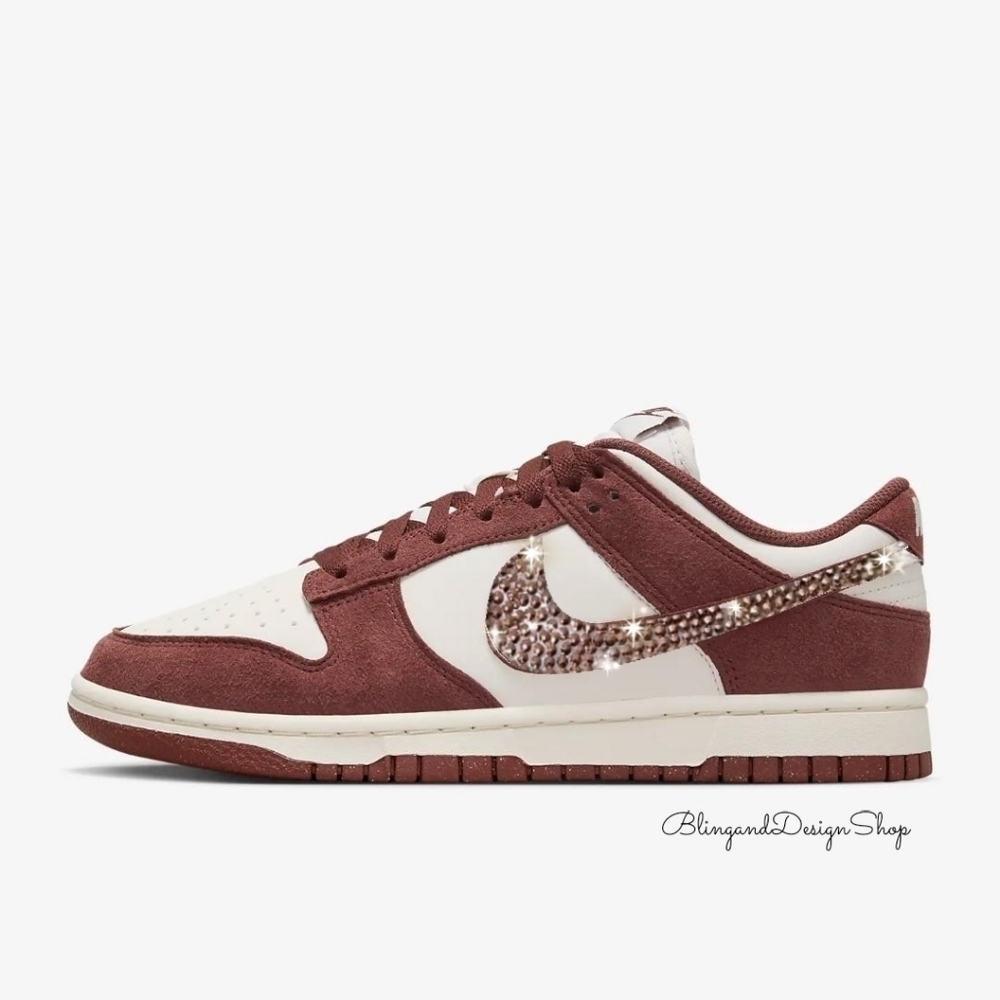 Customized Nike Dunk Low Brown Womens Sneakers Shoes with Gold Crystals Bling